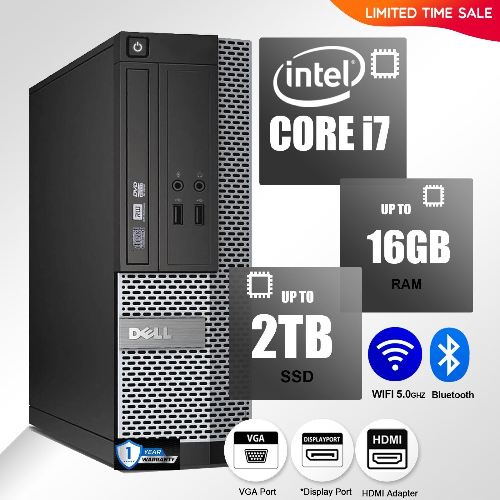 DELL Desktop Computer PC i7, up to 32GB RAM 2TB SSD/HDD, Windows 10/11,DVD-RW