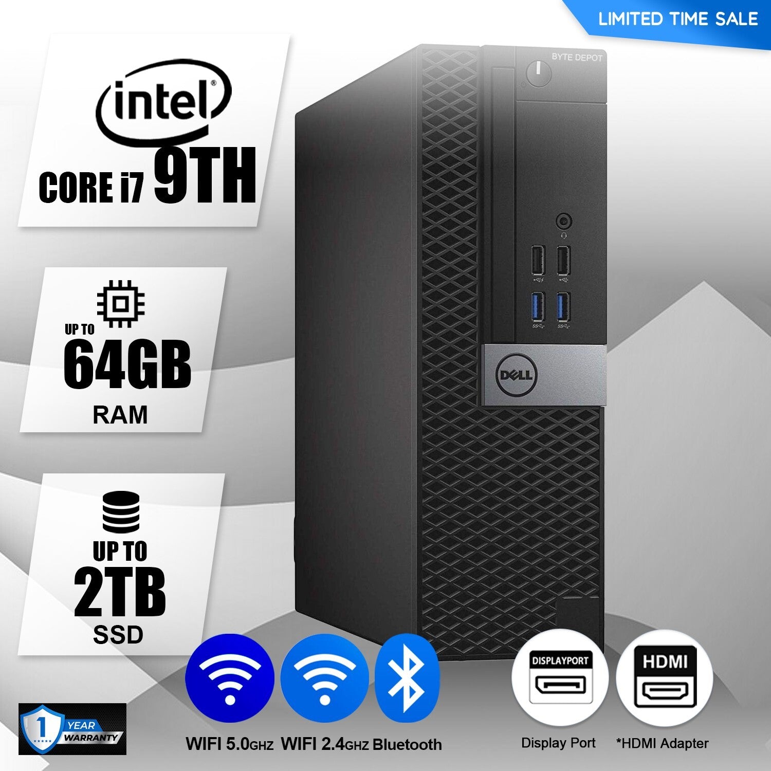 DELL Desktop Computer PC Up to i7 9TH, 64GB RAM 2TB SSD,  Windows 11,WIFI BT