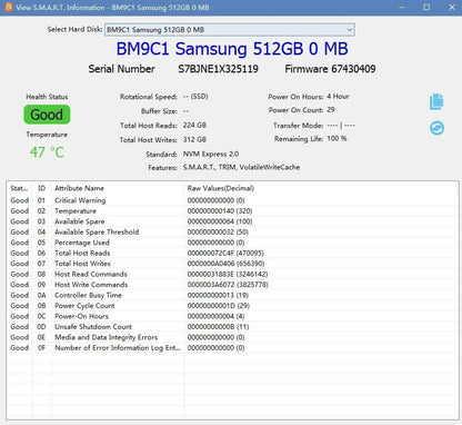 Samsung M.2 NVMe 2230 512GB SSD PCIe Gen4 - MZ-9MX512A BM9C1 100% Health
