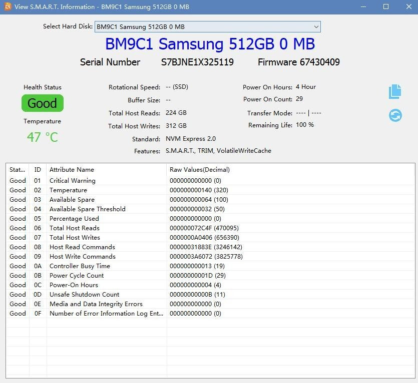 Samsung M.2 NVMe 2230 512GB SSD PCIe Gen4 - MZ-9MX512A BM9C1 100% Health