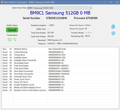 Samsung M.2 NVMe 2230 512GB SSD PCIe Gen4 - MZ-9MX512A BM9C1 100% Health
