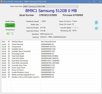 Samsung M.2 NVMe 2230 512GB SSD PCIe Gen4 - MZ-9MX512A BM9C1 100% Health