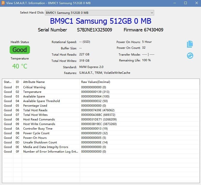 Samsung M.2 NVMe 2230 512GB SSD PCIe Gen4 - MZ-9MX512A BM9C1 100% Health