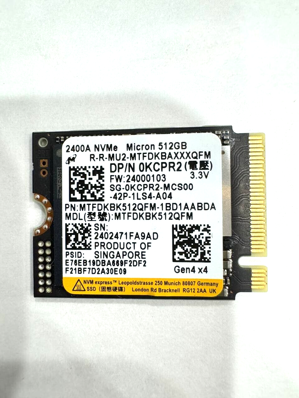 Micron 2400A 512GB 2230 M.2 PCIe NVMe SSD Gen 4x4 MTFDKBK512QFM