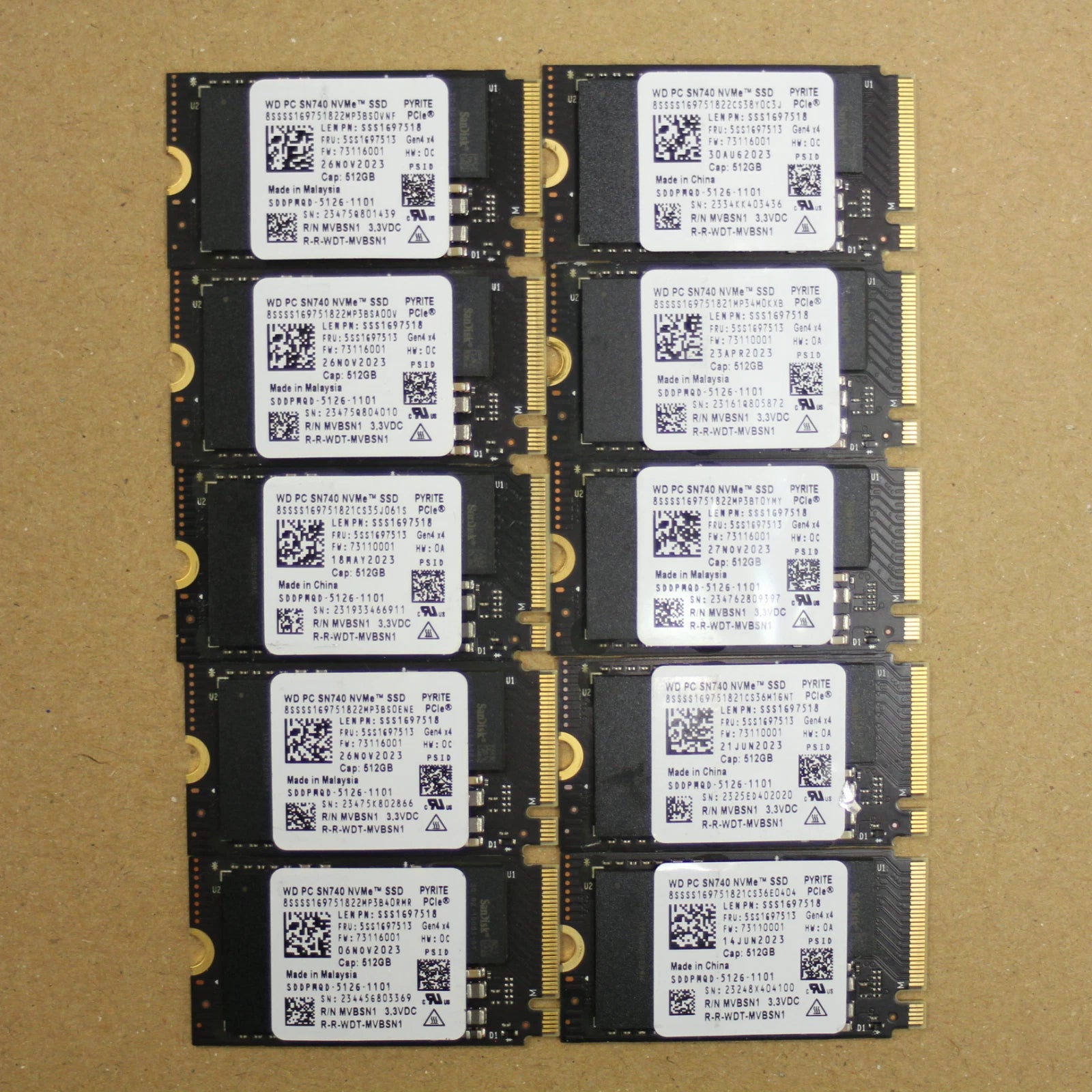 Lot of 10 WD PC SN740 512GB M.2 2242 NVMe PCIe Gen4 SSD SDDPMQD-512G 5SS1G97513