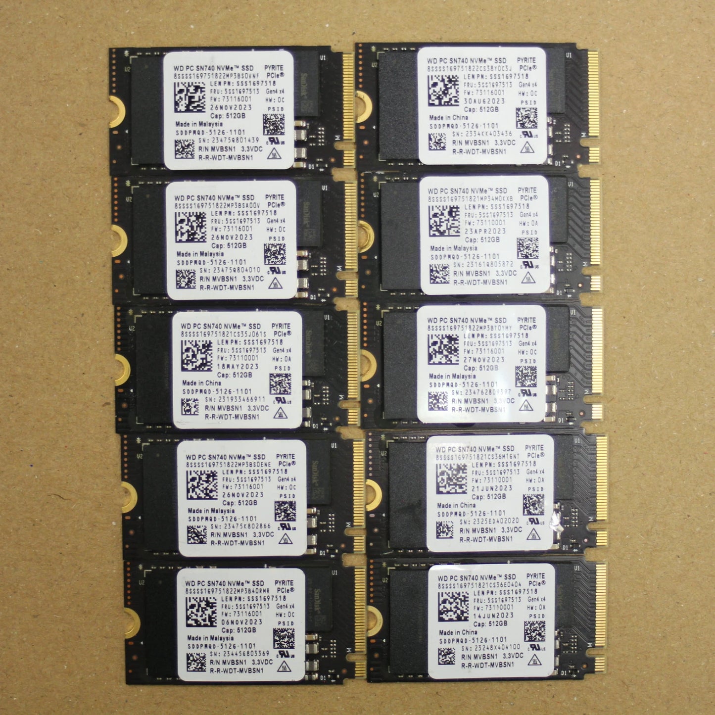 Lot of 10 WD PC SN740 512GB M.2 2242 NVMe PCIe Gen4 SSD SDDPMQD-512G 5SS1G97513