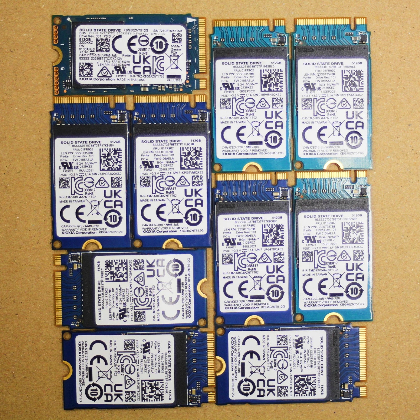 Lot of 10 KIOXIA BG5/BG4 512GB M.2 2242 NVMe PCIe SSD KBG40ZNT512G KBG50ZNT512G